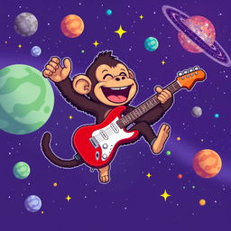 A pixelated monkey joyously playing an electric guitar while floating in the vastness of space