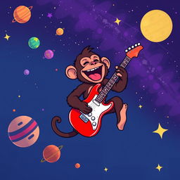 A pixelated monkey joyously playing an electric guitar while floating in the vastness of space