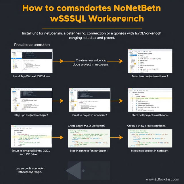 A detailed step-by-step infographic illustrating how to connect Java using NetBeans with MySQL Workbench