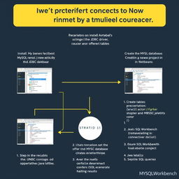 A detailed step-by-step infographic illustrating how to connect Java using NetBeans with MySQL Workbench