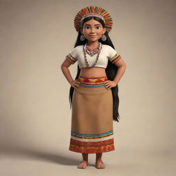 Fully render the cartoon character of a beautiful indigenous woman. She flaunts traditional clothing and a proud cultural background. The image focuses on the full body detail.