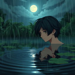 A teenage boy with semi-long black hair is gazing deeply at his reflection in a serene pond on a rainy night