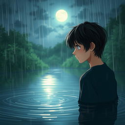 A teenage boy with semi-long black hair is gazing deeply at his reflection in a serene pond on a rainy night