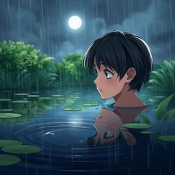 A teenage boy with semi-long black hair is gazing deeply at his reflection in a serene pond on a rainy night