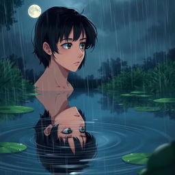 A teenage boy with semi-long black hair is gazing deeply at his reflection in a serene pond on a rainy night