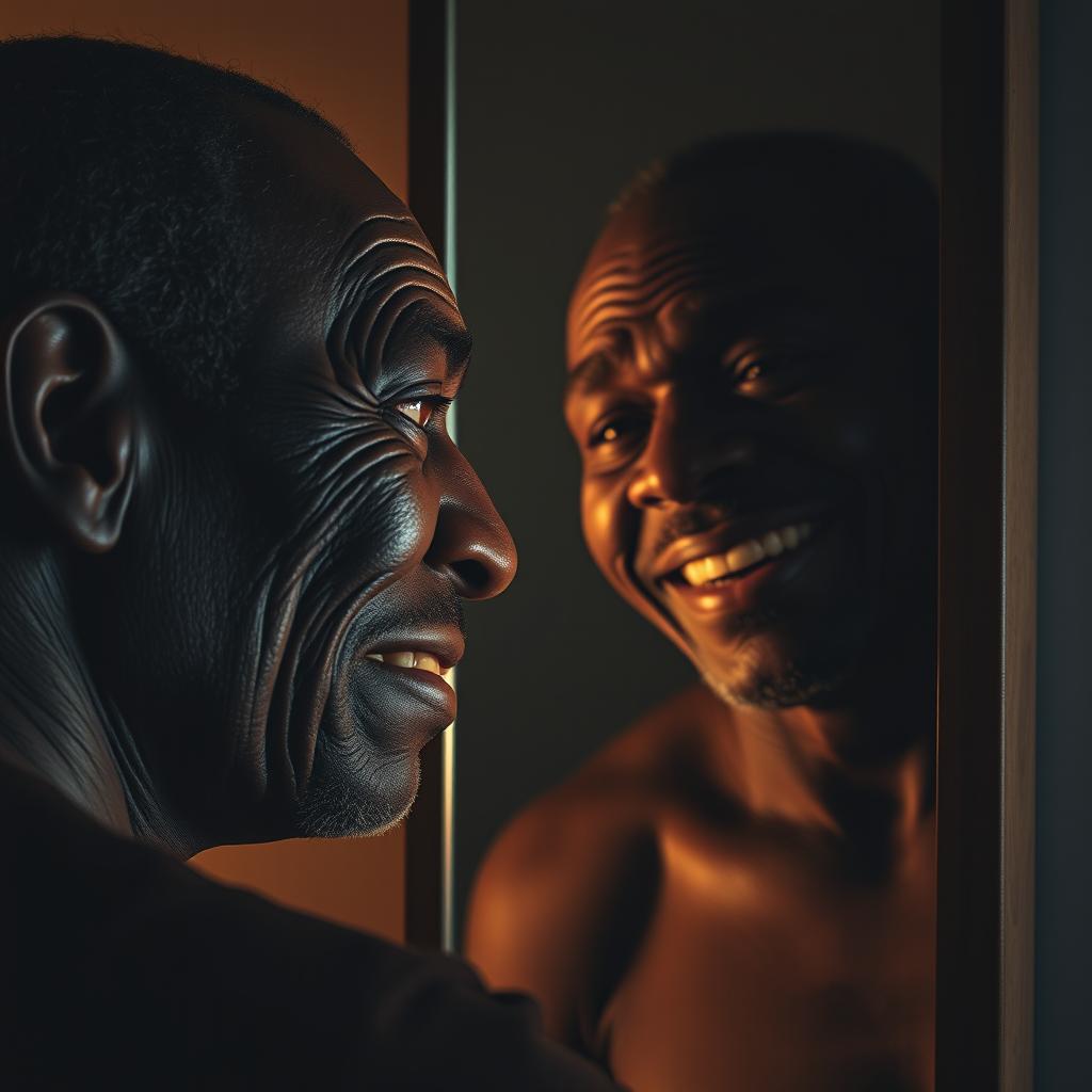 A poignant scene depicting a black man with wrinkles on his face, conveying an expression of sadness and unhappiness