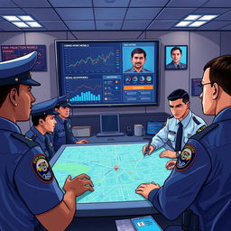 An illustrative scene depicting the use of neural networks in police work