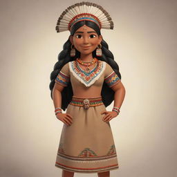 Fully render the cartoon character of a beautiful indigenous woman. She flaunts traditional clothing and a proud cultural background. The image focuses on the full body detail.