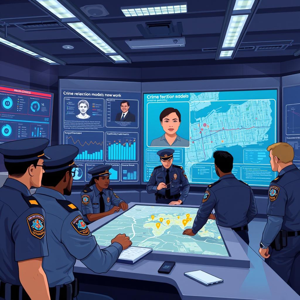 An illustrative scene depicting the use of neural networks in police work