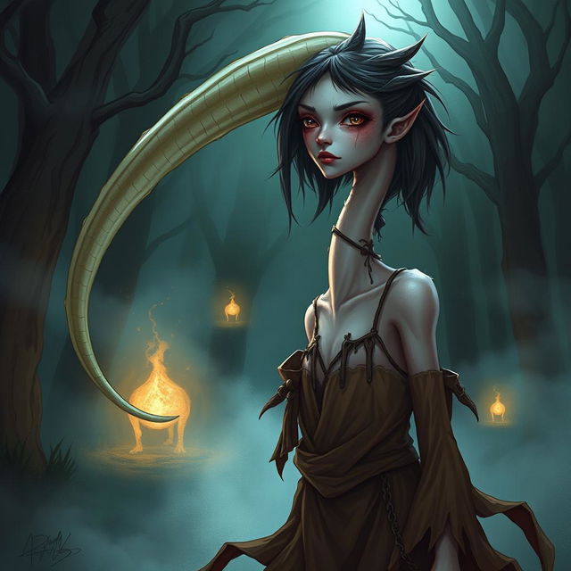 An imaginative illustration of a monstrous girl with an exceptionally long neck that stretches dramatically, resembling a fantastical creature