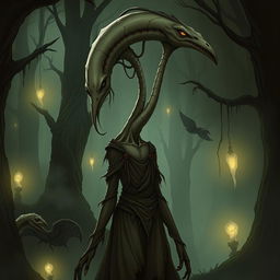 An imaginative illustration of a monstrous girl with an exceptionally long neck that stretches dramatically, resembling a fantastical creature