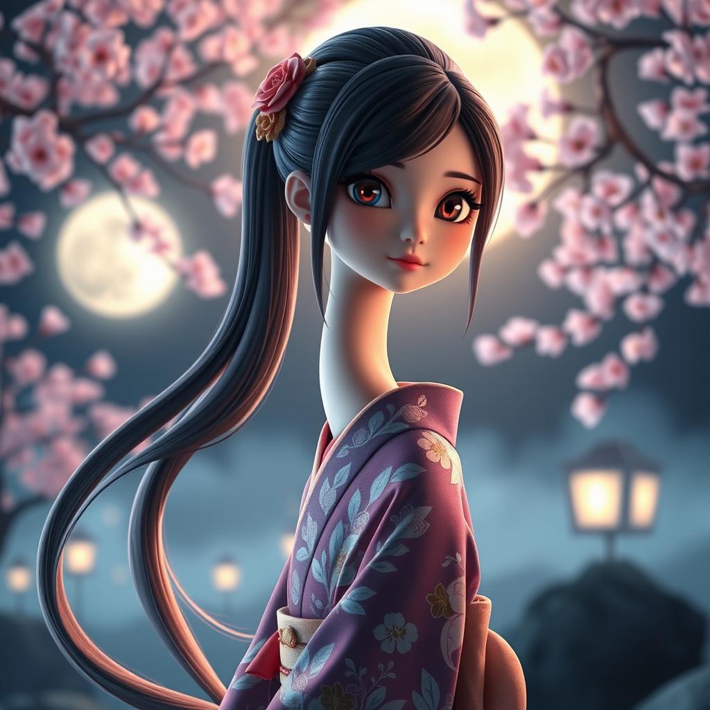 A captivating 3D rendering of a Rokurokubi girl, known for her supernatural ability to extend her neck