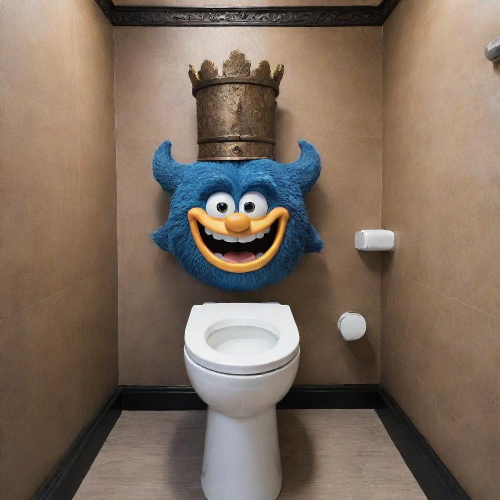 Depict the strongest character from Skibi's Castle loitering in a lavishly designed toilet, showing off their strength and power.