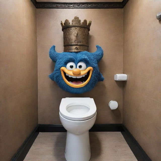 Depict the strongest character from Skibi's Castle loitering in a lavishly designed toilet, showing off their strength and power.