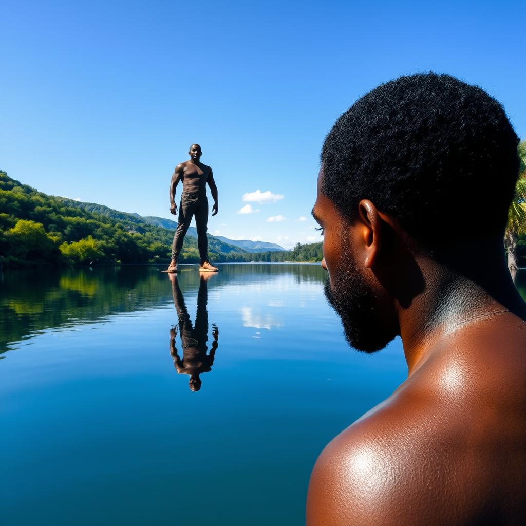 A visually striking image of a black man gazing into a body of water, such as a serene lake or river