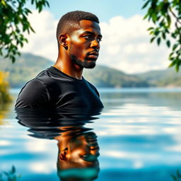 A visually striking image of a black man gazing into a body of water, such as a serene lake or river