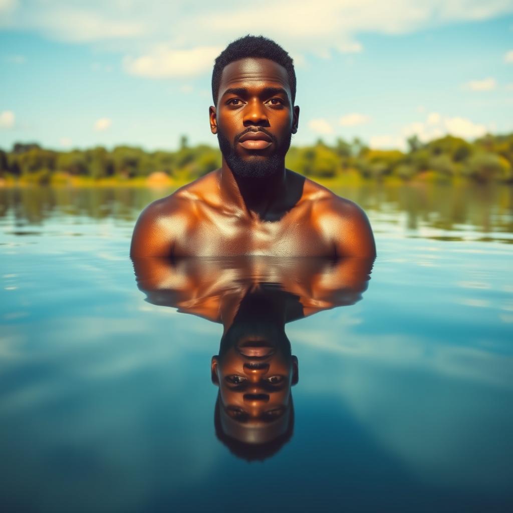 A visually striking image of a black man gazing into a body of water, such as a serene lake or river