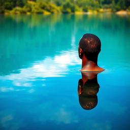 A visually striking image of a black man gazing into a body of water, such as a serene lake or river