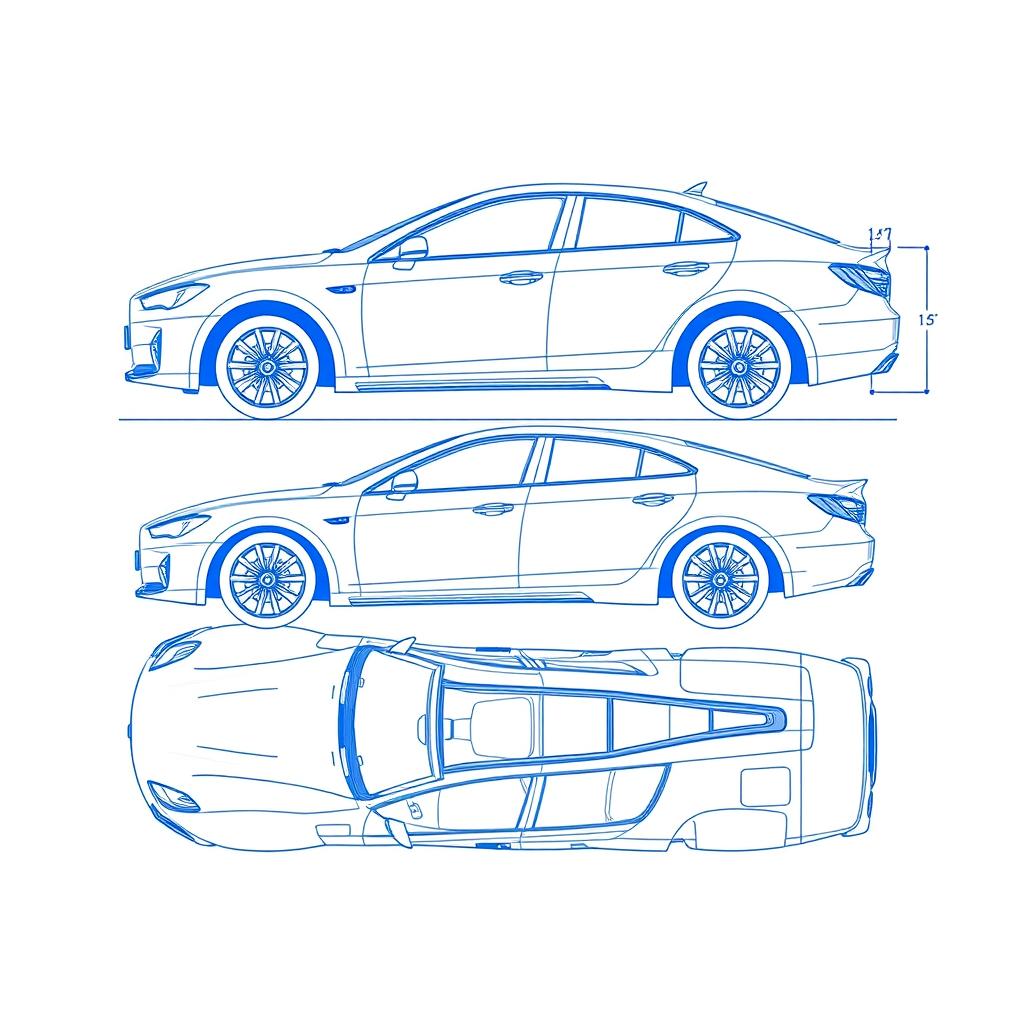 A detailed blueprint design of a car body, showcasing various angles and views