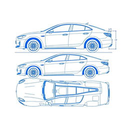 A detailed blueprint design of a car body, showcasing various angles and views