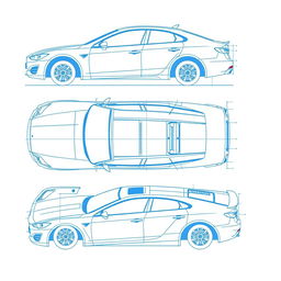 A detailed blueprint design of a car body, showcasing various angles and views