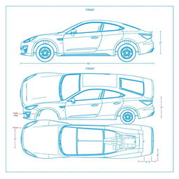 A detailed blueprint design of a car body, showcasing various angles and views