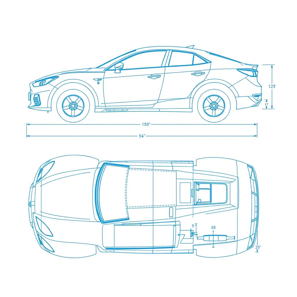 A detailed blueprint design of a car body, showcasing various angles and views