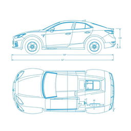 A detailed blueprint design of a car body, showcasing various angles and views