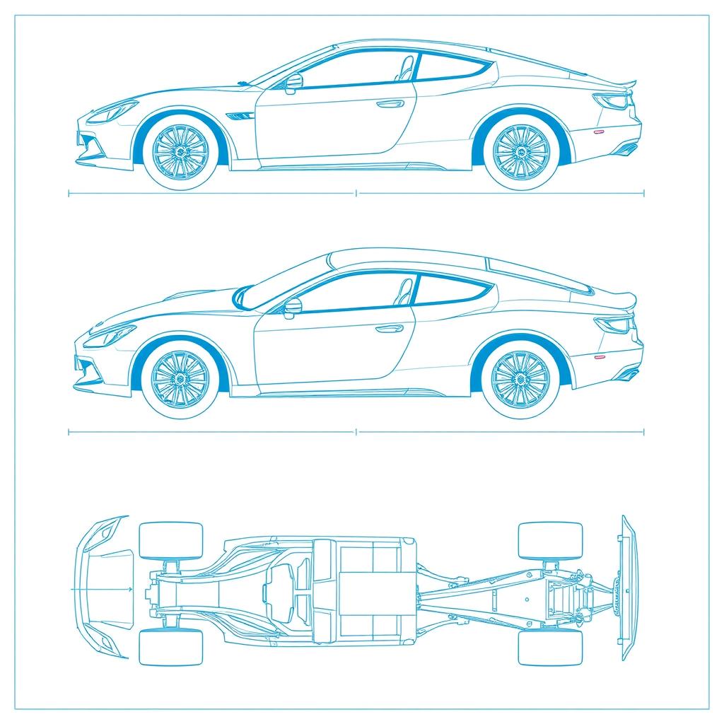 A comprehensive blueprint of a car body, featuring detailed views from multiple angles: side view, front view, back view, right view, left view, top view, and bottom view