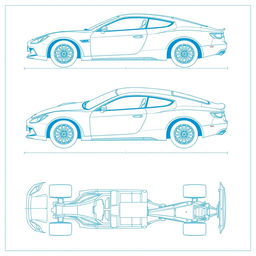 A comprehensive blueprint of a car body, featuring detailed views from multiple angles: side view, front view, back view, right view, left view, top view, and bottom view