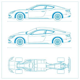 A comprehensive blueprint of a car body, featuring detailed views from multiple angles: side view, front view, back view, right view, left view, top view, and bottom view