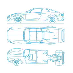 A comprehensive blueprint of a car body, featuring detailed views from multiple angles: side view, front view, back view, right view, left view, top view, and bottom view