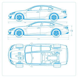 A comprehensive blueprint of a car body, featuring detailed views from multiple angles: side view, front view, back view, right view, left view, top view, and bottom view