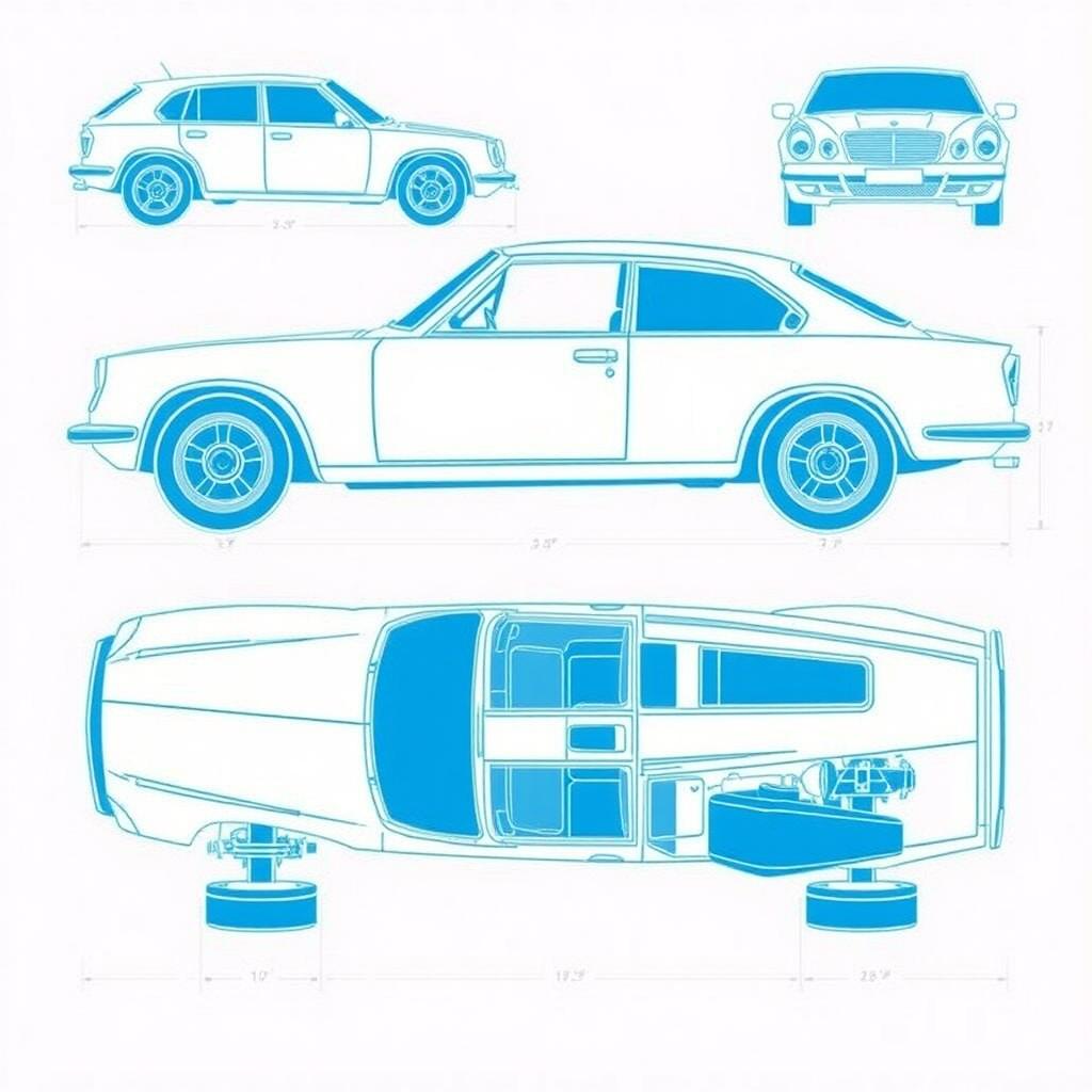 A comprehensive blueprint of a car body, featuring detailed views from multiple angles: side view, front view, back view, right view, left view, top view, and bottom view