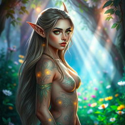 A beautiful elf girl with long flowing hair and captivating eyes, standing confidently in a lush enchanted forest, surrounded by glowing magical lights