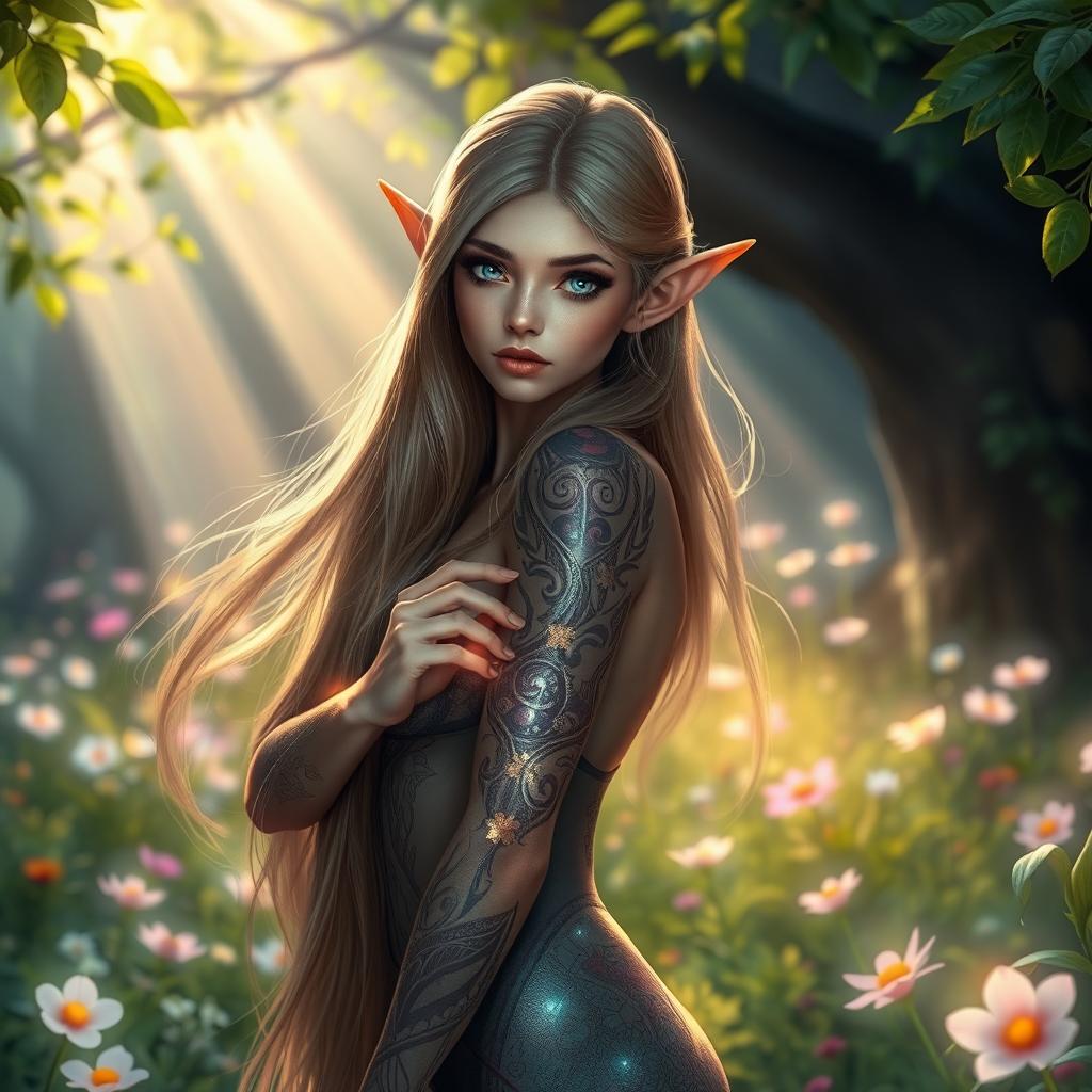 A beautiful elf girl with long flowing hair and captivating eyes, standing confidently in a lush enchanted forest, surrounded by glowing magical lights