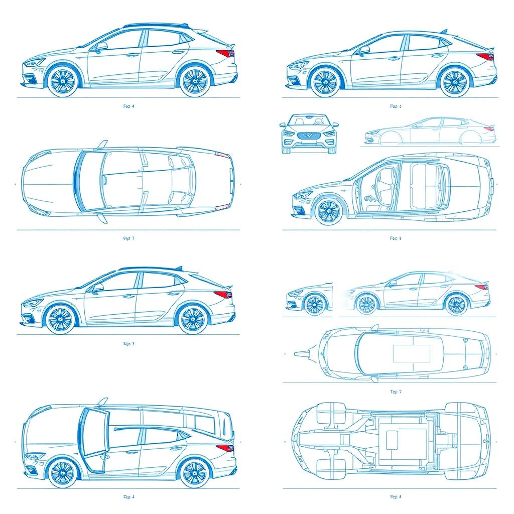 A collection of 100 unique car blueprints, each featuring detailed sketches from multiple viewing angles including side view, front view, back view, right-side view, left-side view, top view, and bottom view