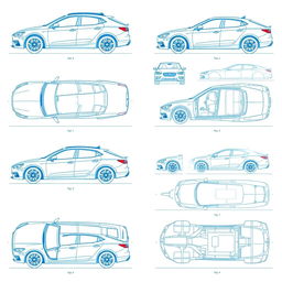 A collection of 100 unique car blueprints, each featuring detailed sketches from multiple viewing angles including side view, front view, back view, right-side view, left-side view, top view, and bottom view