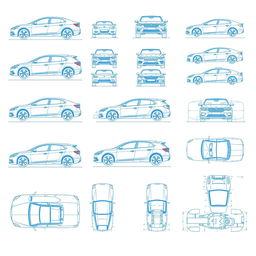 A collection of 100 unique car blueprints, each featuring detailed sketches from multiple viewing angles including side view, front view, back view, right-side view, left-side view, top view, and bottom view