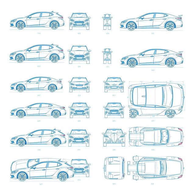 A collection of 100 unique car blueprints, each featuring detailed sketches from multiple viewing angles including side view, front view, back view, right-side view, left-side view, top view, and bottom view