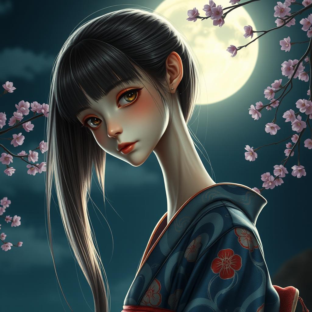 A hyper-realistic depiction of a girl with a monstrously long neck, embodying the supernatural essence of a Rokurokubi