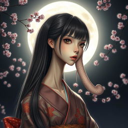 A hyper-realistic depiction of a girl with a monstrously long neck, embodying the supernatural essence of a Rokurokubi