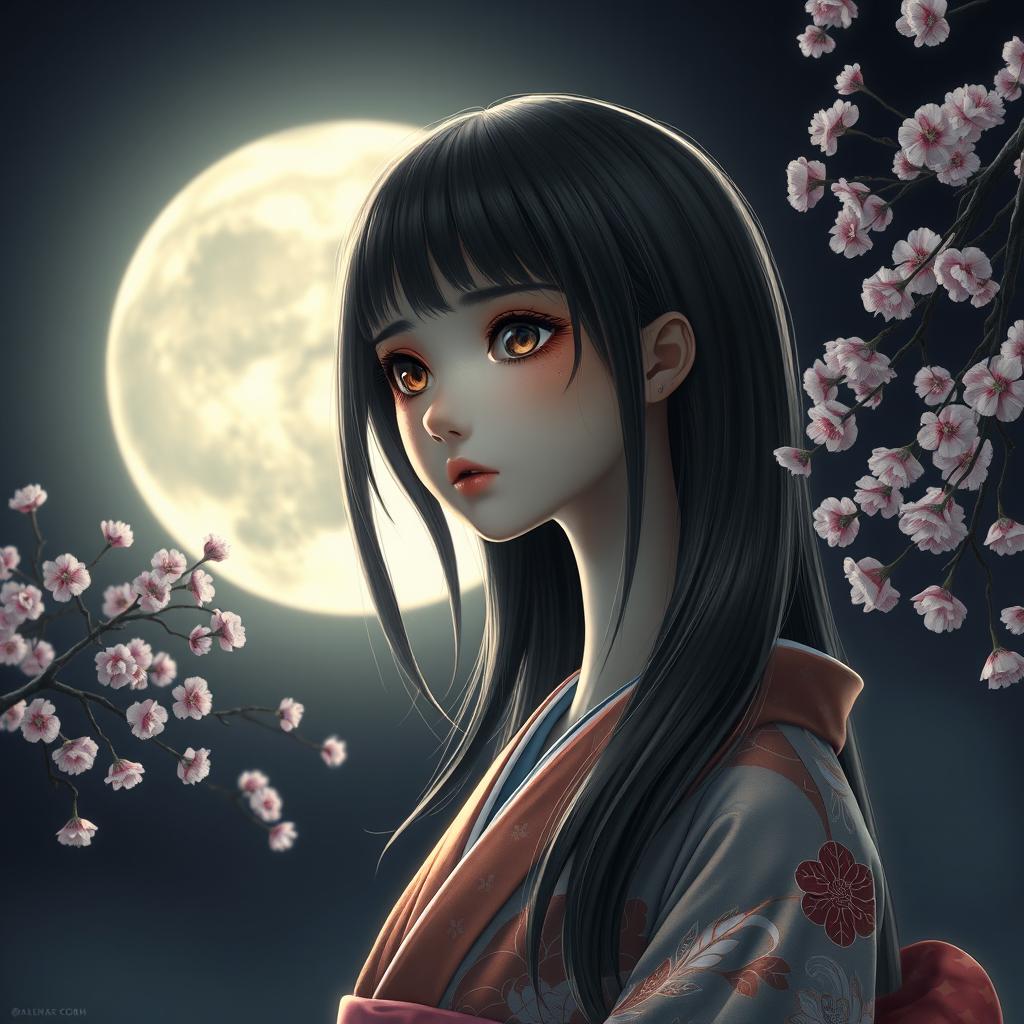 A hyper-realistic depiction of a girl with a monstrously long neck, embodying the supernatural essence of a Rokurokubi