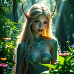 A stunning elf girl with radiant long hair cascading around her shoulders, featuring pointed ears and mesmerizing emerald eyes, posed in an enchanting forest setting filled with sparkling magical light