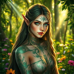 A stunning elf girl with radiant long hair cascading around her shoulders, featuring pointed ears and mesmerizing emerald eyes, posed in an enchanting forest setting filled with sparkling magical light