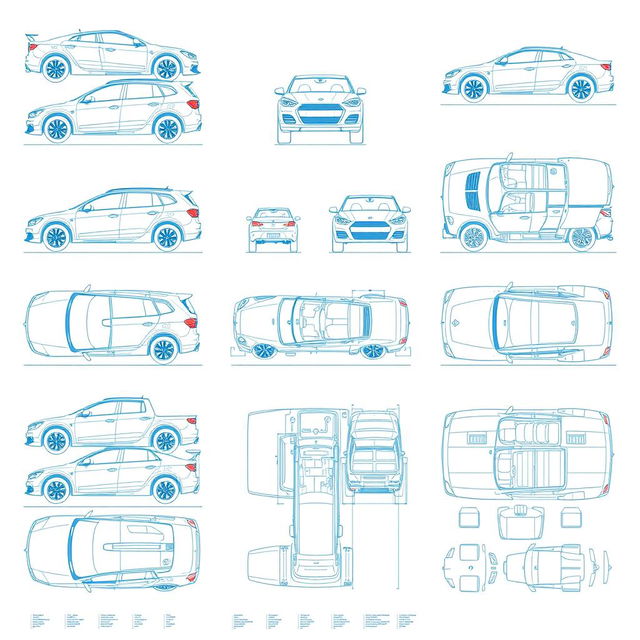 A comprehensive set of 100 photos showcasing a single model car blueprint