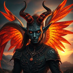 A striking tiefling with deep black skin, adorned with vibrant and majestic phoenix wings that shimmer in shades of orange, red, and gold