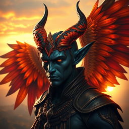 A striking tiefling with deep black skin, adorned with vibrant and majestic phoenix wings that shimmer in shades of orange, red, and gold