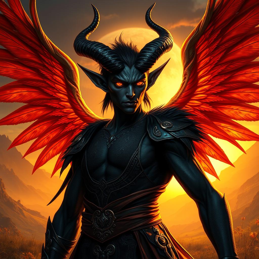 A striking tiefling with dark black skin and large, magnificent phoenix wings that burst with vibrant colors of orange, red, and gold