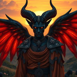 A striking tiefling with dark black skin and large, magnificent phoenix wings that burst with vibrant colors of orange, red, and gold